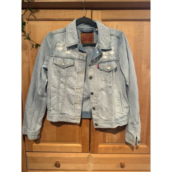 Levi’s Denim Trucker Jacket, White Floral Embroidery - Picture 1 of 6
